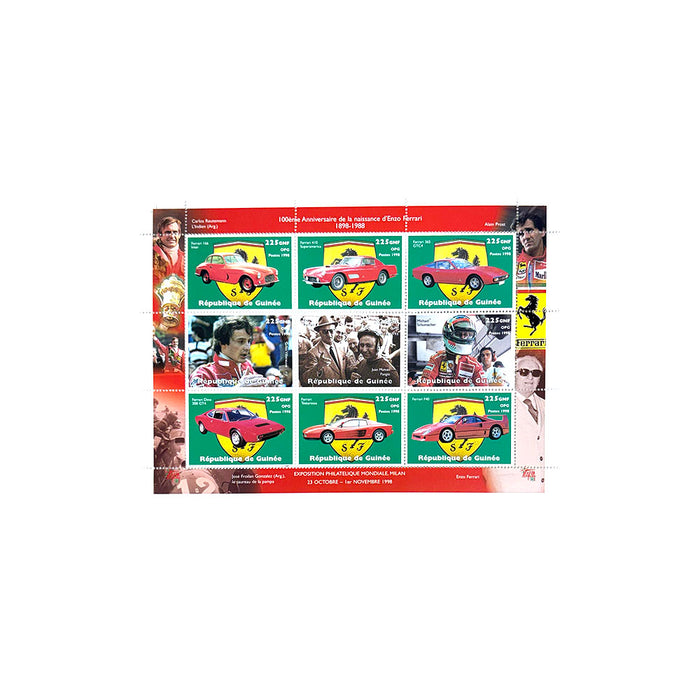 9 Ferrari Cars & F1 Drivers Guinea Ferrari Stamps